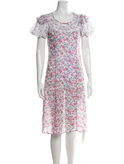Pre-owned Loveshackfancy Floral Print Midi Length Dress In White