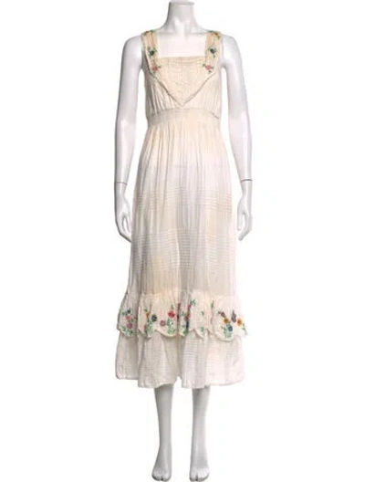 Pre-owned Loveshackfancy Floral Print Midi Length Dress In White