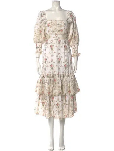 Pre-owned Loveshackfancy Floral Print Midi Length Dress In White