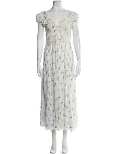 Pre-owned Loveshackfancy Floral Print Midi Length Dress In White
