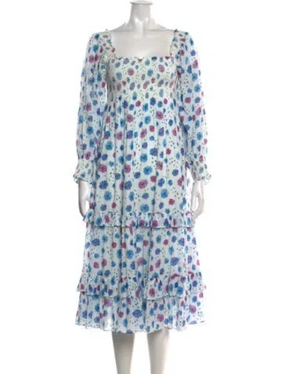 Pre-owned Loveshackfancy Floral Print Midi Length Dress In White