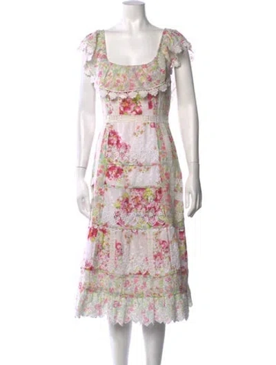 Pre-owned Loveshackfancy Floral Print Midi Length Dress In White