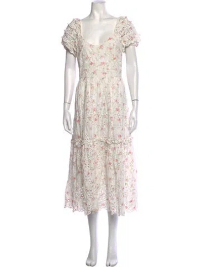 Pre-owned Loveshackfancy Floral Print Midi Length Dress In White