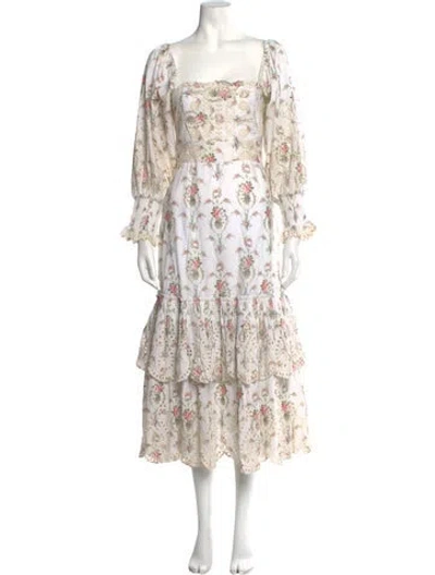 Pre-owned Loveshackfancy Floral Print Midi Length Dress In White