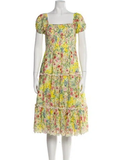 Pre-owned Loveshackfancy Floral Print Midi Length Dress In Yellow