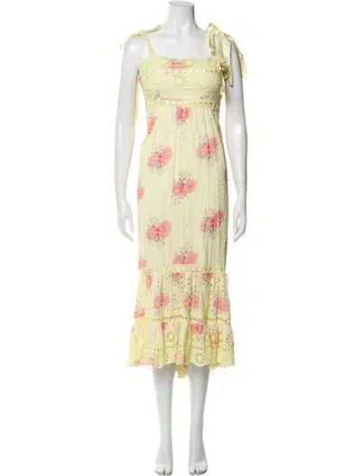 Pre-owned Loveshackfancy Floral Print Midi Length Dress In Yellow