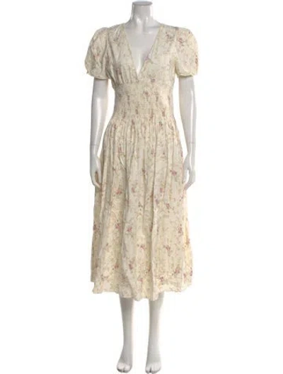 Pre-owned Loveshackfancy Floral Print Midi Length Dress In Yellow