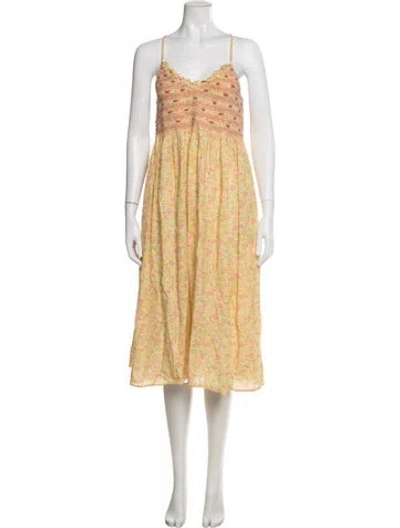Pre-owned Loveshackfancy Floral Print Midi Length Dress In Yellow