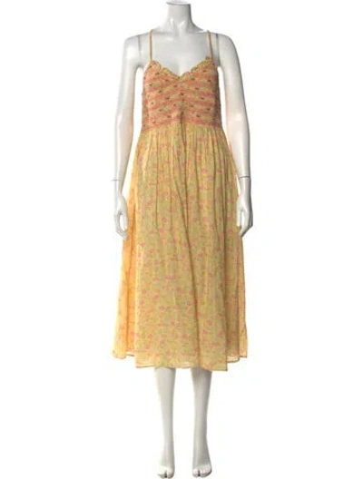 Pre-owned Loveshackfancy Floral Print Midi Length Dress In Yellow