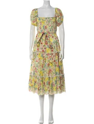 Pre-owned Loveshackfancy Floral Print Midi Length Dress In Yellow