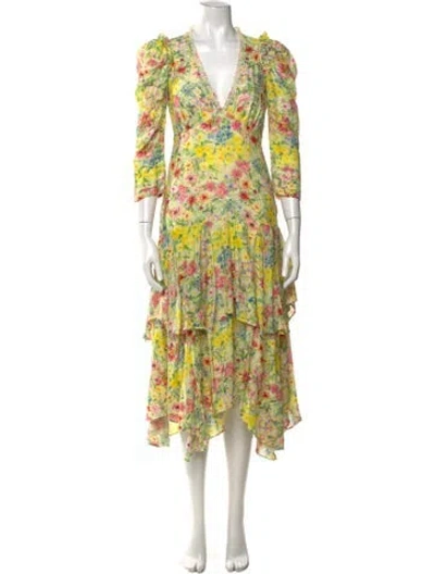 Pre-owned Loveshackfancy Floral Print Midi Length Dress In Yellow