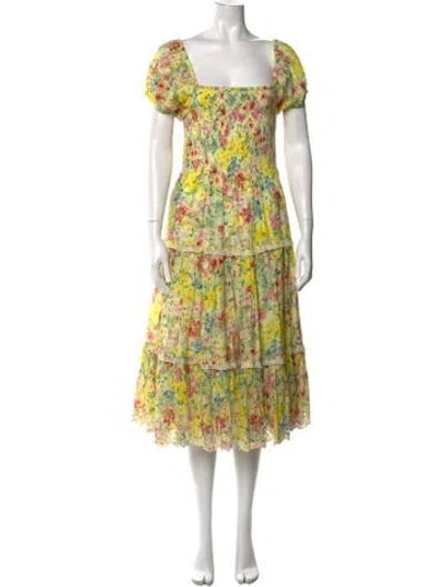 Pre-owned Loveshackfancy Floral Print Midi Length Dress In Yellow