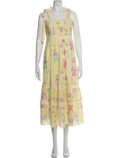 Pre-owned Loveshackfancy Floral Print Midi Length Dress In Yellow
