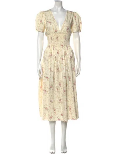 Pre-owned Loveshackfancy Floral Print Midi Length Dress In Yellow