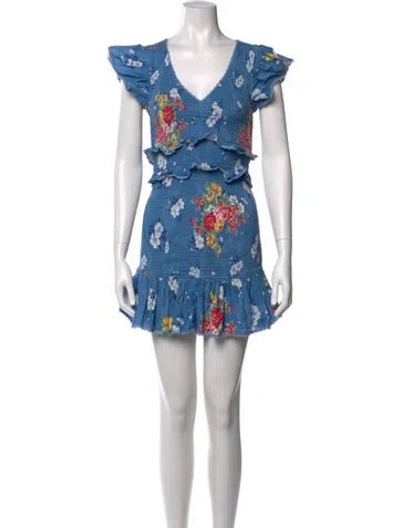 Pre-owned Loveshackfancy Floral Print Mini Dress In Blue