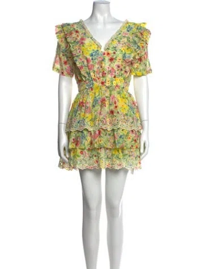 Pre-owned Loveshackfancy Floral Print Mini Dress In Green/yellow