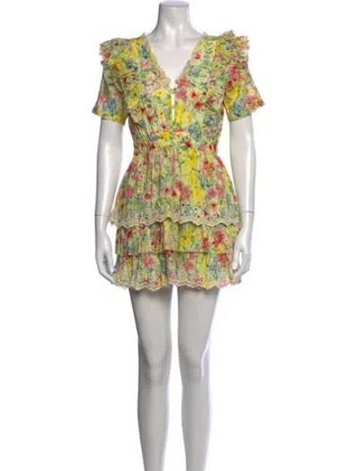 Pre-owned Loveshackfancy Floral Print Mini Dress In Green/yellow