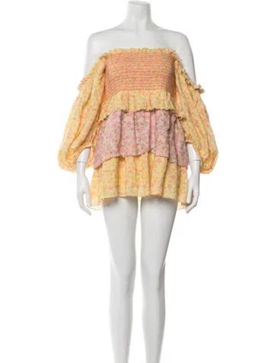 Pre-owned Loveshackfancy Floral Print Mini Dress In Yellow