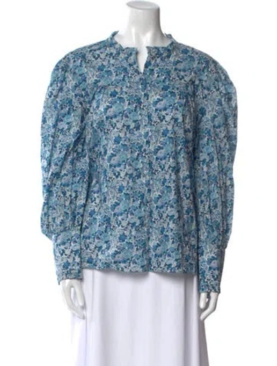 Pre-owned Loveshackfancy Floral Print Mock Neck Blouse In Blue
