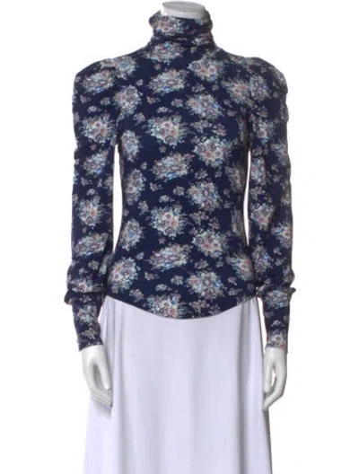 Pre-owned Loveshackfancy Floral Print Mock Neck Blouse In Blue