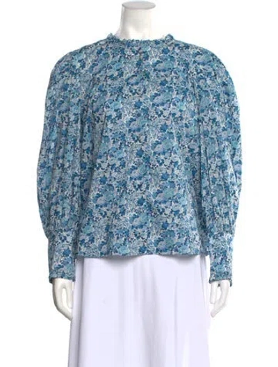 Pre-owned Loveshackfancy Floral Print Mock Neck Blouse In Blue