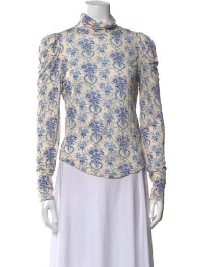 Pre-owned Loveshackfancy Floral Print Mock Neck Blouse In Blue/neutrals