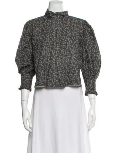 Pre-owned Loveshackfancy Floral Print Mock Neck Blouse In Gray