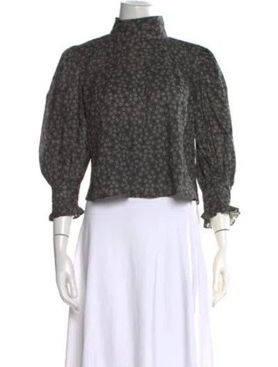 Pre-owned Loveshackfancy Floral Print Mock Neck Blouse In Gray