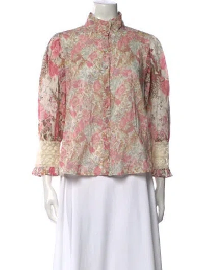 Pre-owned Loveshackfancy Floral Print Mock Neck Blouse In Multi
