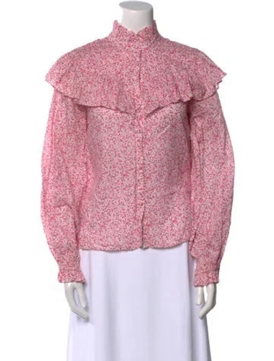 Pre-owned Loveshackfancy Floral Print Mock Neck Blouse In Pink