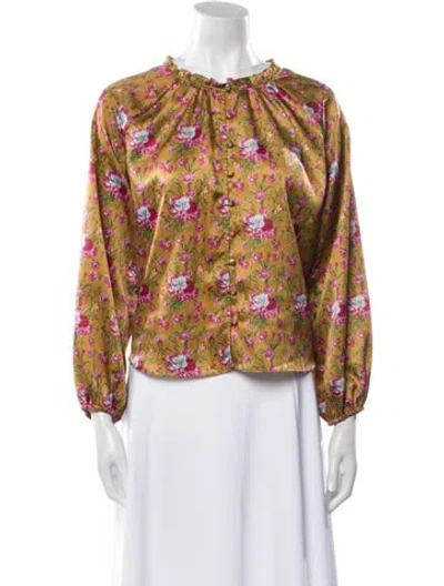 Pre-owned Loveshackfancy Floral Print Mock Neck Blouse In Pink