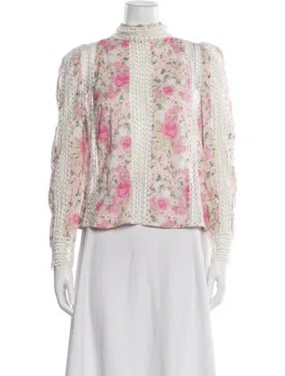Pre-owned Loveshackfancy Floral Print Mock Neck Blouse In Pink