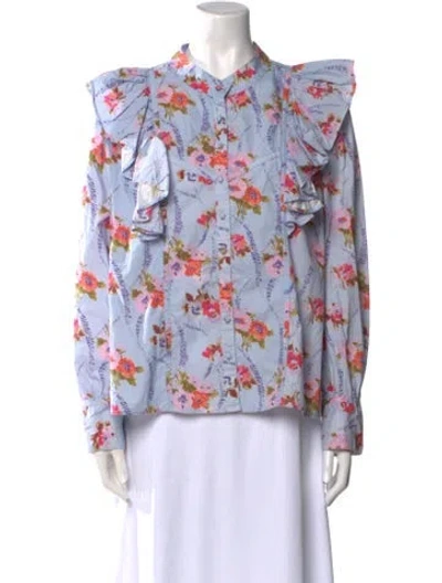 Pre-owned Loveshackfancy Floral Print Mock Neck Blouse In Purple