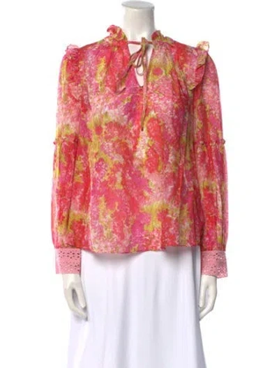 Pre-owned Loveshackfancy Floral Print Mock Neck Blouse W/ Tags In Pink