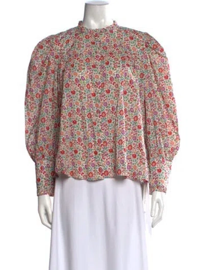 Pre-owned Loveshackfancy Floral Print Mock Neck Blouse In White