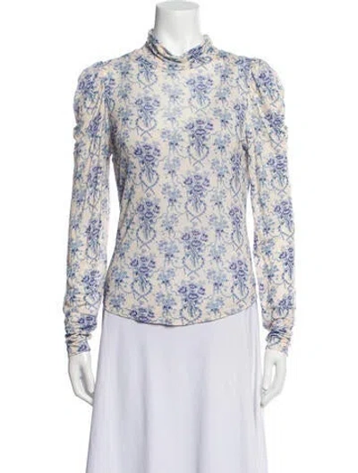 Pre-owned Loveshackfancy Floral Print Mock Neck Button-up Top In Neutral