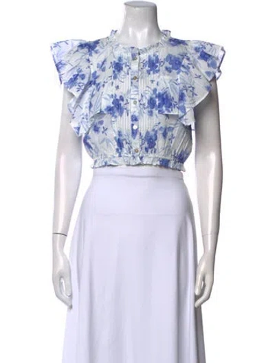 Pre-owned Loveshackfancy Floral Print Mock Neck Crop Top In Blue