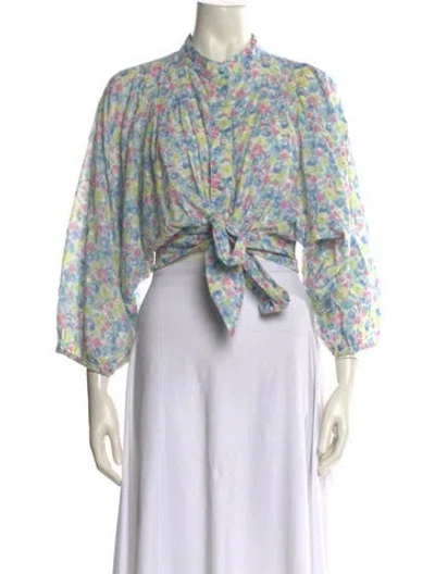 Pre-owned Loveshackfancy Floral Print Mock Neck Crop Top In Blue