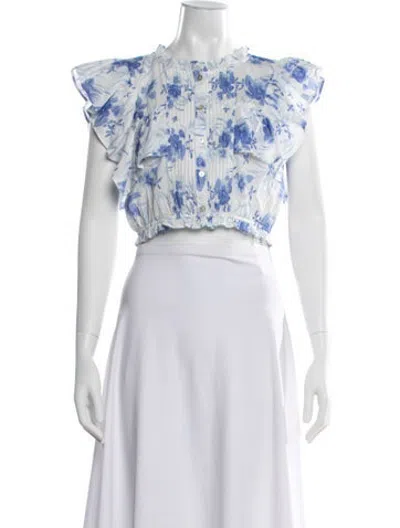 Pre-owned Loveshackfancy Floral Print Mock Neck Crop Top In Blue