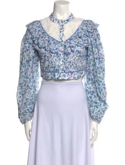 Pre-owned Loveshackfancy Floral Print Mock Neck Crop Top In White