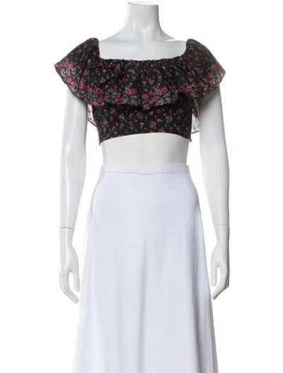 Pre-owned Loveshackfancy Floral Print Off-the-shoulder Crop Top In Black