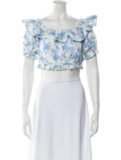 Pre-owned Loveshackfancy Floral Print Off-the-shoulder Crop Top In Blue