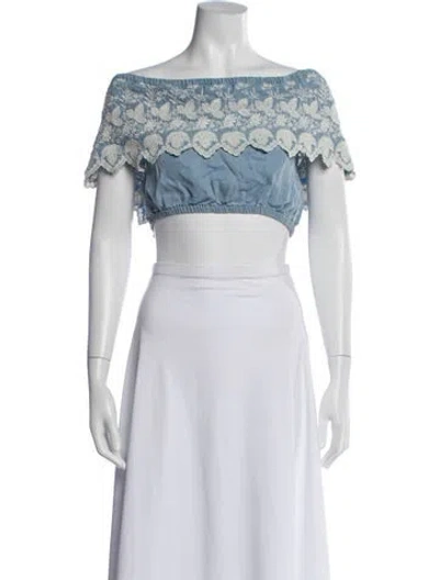 Pre-owned Loveshackfancy Floral Print Off-the-shoulder Crop Top In Blue