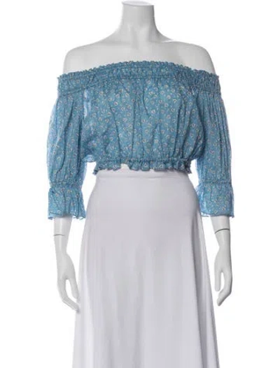 Pre-owned Loveshackfancy Floral Print Off-the-shoulder Crop Top In Blue