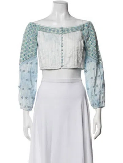 Pre-owned Loveshackfancy Floral Print Off-the-shoulder Crop Top In Blue