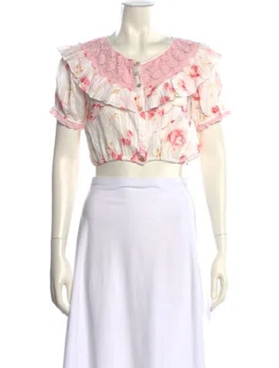 Pre-owned Loveshackfancy Floral Print Off-the-shoulder Crop Top In Pink
