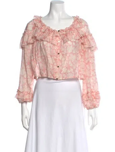 Pre-owned Loveshackfancy Floral Print Off-the-shoulder Crop Top In Pink