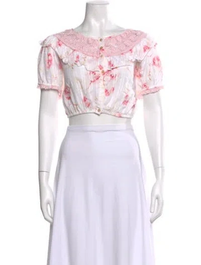 Pre-owned Loveshackfancy Floral Print Off-the-shoulder Crop Top In Pink