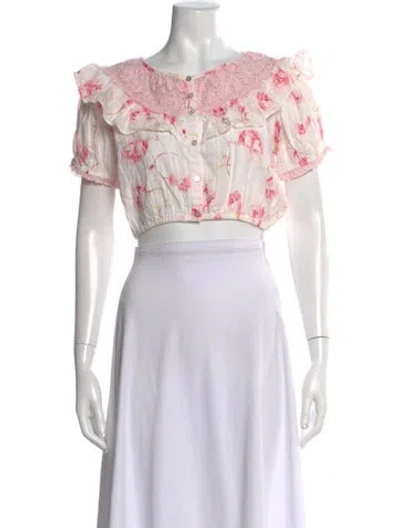 Pre-owned Loveshackfancy Floral Print Off-the-shoulder Crop Top In Pink