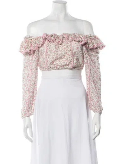 Pre-owned Loveshackfancy Floral Print Off-the-shoulder Crop Top In Pink